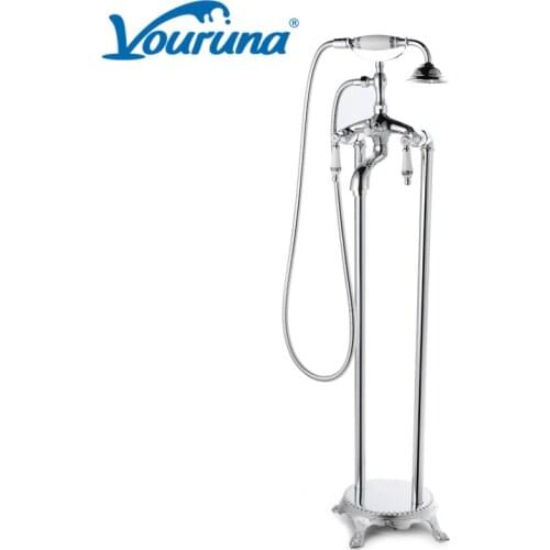 VOURUNA Luxury Chrome Finish Floor Mounted Bathtub Faucet Mixer Tap