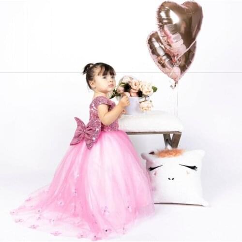 Pink Sequin Flower Girls Dresses Children Girls Princess Ball Gowns Baby Girls First Communication Dress Bow Back Custom