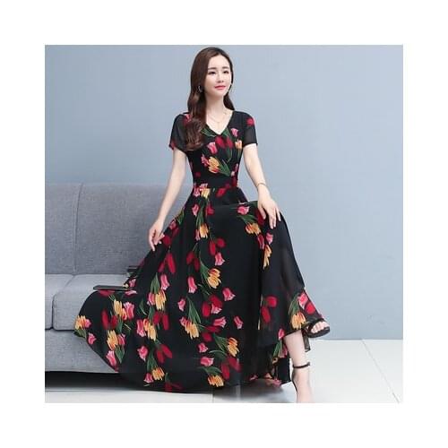 V-neck Chiffon Floral Print Patchwork Ankle-Length A-Line Waist Thin Big Swing Summer Elegant Party Cocktail Dresses 9653