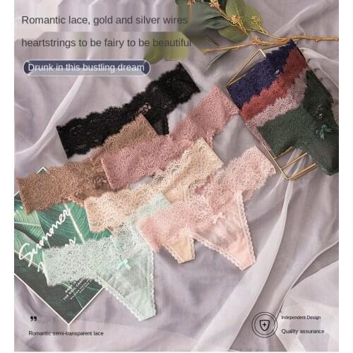 European Sexy Thong Womens Underwear Fashion Hollow Out Bow Panties Sexy Lace Underpants Low Waist Seamless G-String Lingerie
