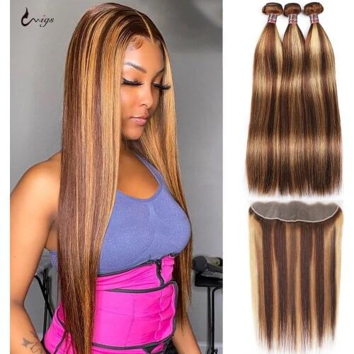 UWIGS Straight Bundles With Frontal Transparent Lace Frontal Highlight Bundles With Frontal 13x4 Lace Frontal Human Hair Bundles