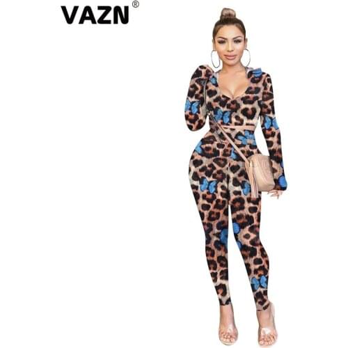 VAZN 2021 Spring High Quality Leopard Sexy Young High Street Full Sleeve High Waist Long Pencil Pants Skinny Women 2 Piece Set