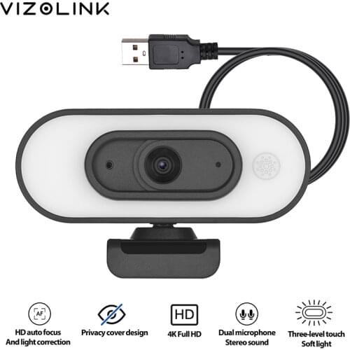 VizoLink 4K Web Camera 3 Grades Brightness Camera with Microphones Tripod Video Conference Webcam for computer Pixels Wide Angle