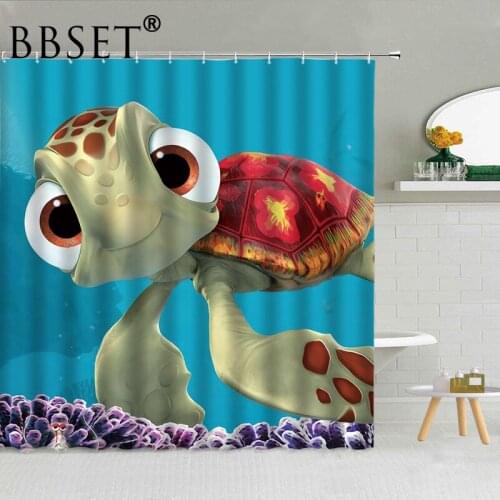 Funny Marine Life Shower Curtain Cute Cartoon Little Turtle Pattern Waterproof Multi-size Douchegordijn Kids Bathroom Decor