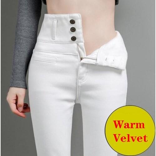 Women High Waist Velvet White Jeans Female Winter Skinny Stretch Warm Jean Pants Mom Black Denim Trousers With Fleece