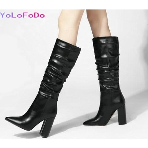 Brand Design Faux Leather Women Knee High Boots Fashion Pointed Toe Square High Heel Women Boots 2021 Winter Shoes Big Size 43