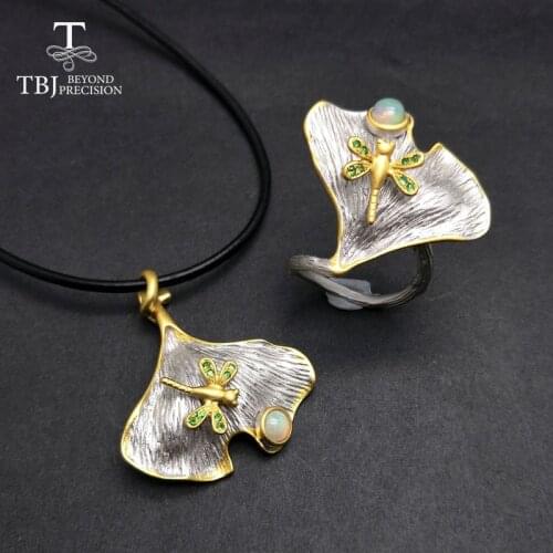 TBJ,natural rainbow opal and tsavorite sets in 925 silver grey and yellow gold color special gift for women party wedding wear