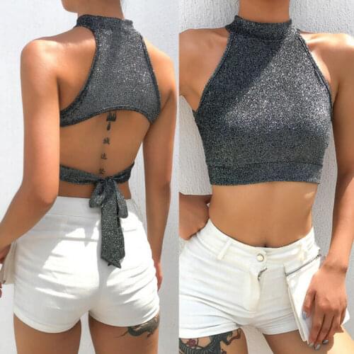Summer Womens Sleeveleess Sexy Hot Backless Off-shoulder Tube Crop Tops Strapless Hollow-out Hang Neck Bow Tank Vest Top