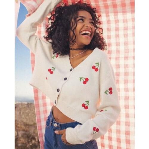 2020 New Knit Cardigan Sweaters Women Long Sleeve V Neck Casual Loose Cherry Print Crop Tops Coats Female Spring Autumn Clothes