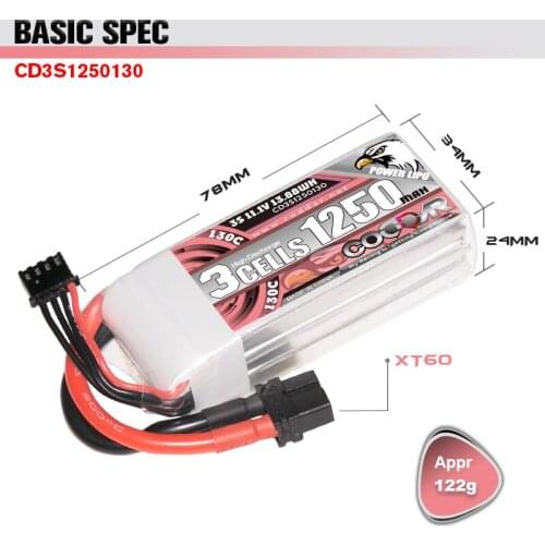 2 PCS CDOOAR 1250mAh 130C 11.1V 3S Lipo Battery XT60 Plug FPV Racing Drone Rc Quadcopter BateFPV 95X Parts