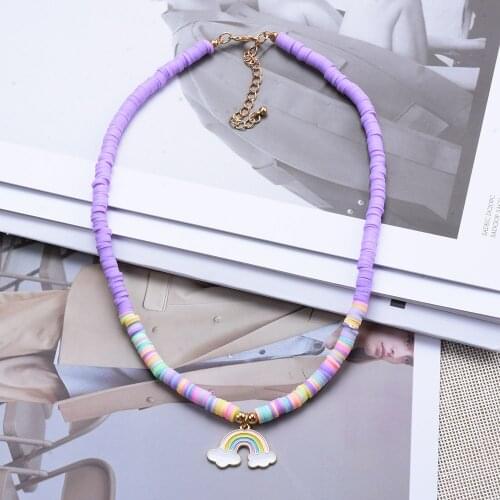 2021 Fashion Soft Pottery Beads Rainbow Pendant Necklace For Women Bohemian Purple Choker Adjustable Clay Collar Necklace