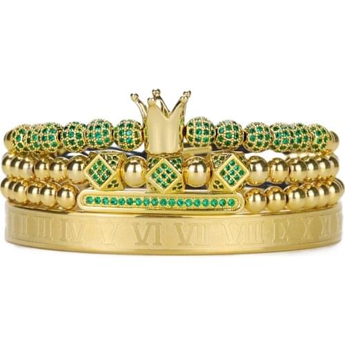 4pcs/set Luxury Royal King Men Bracelet Stacks Stainless steel bangle Green CZ Ball beads bracelets & bangles for Men Jewelry