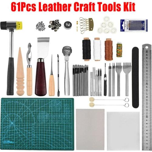 61Pcs Leather Sewing Tools Set Cutting Mat Needles Hammer Skiving Cutter Hand Stitching Leather Craft DIY Leathercraft Tools