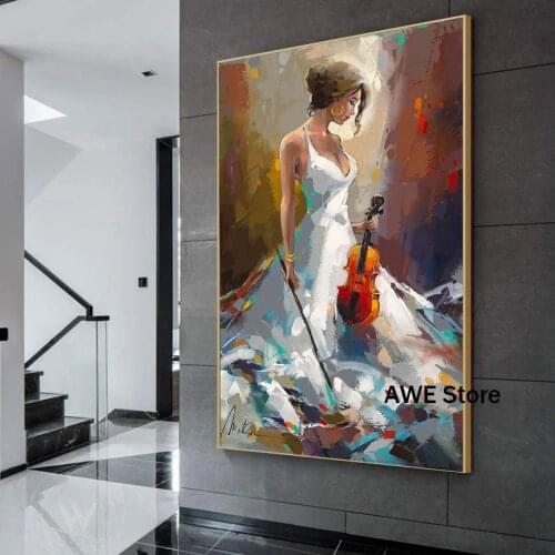 Abstract Art whith Girl Play Violin and Dancing Canvas Painting Oil Painting Modern Wall Art Poster in Living room Home Decor