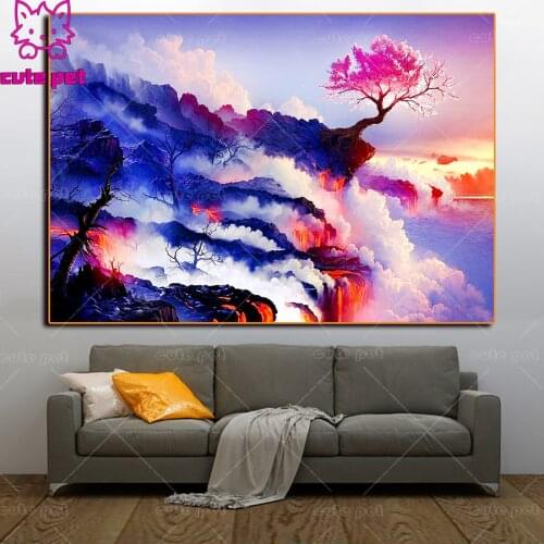DIY Diamond Painting Cross Stitch Volcanic eruption magma 3D Full Square Diamond Embroidery Rhinestones Mosaic Pink tree scenery