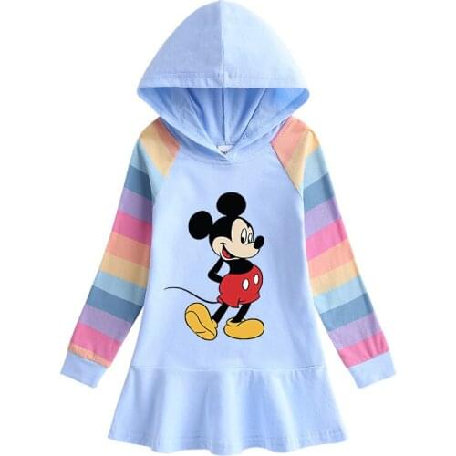 Disney Mickey Girls Hoodie Dress New Dresses for Girls Cartoon Rainbow Childrens Dress Girl Casual Clothes Original Disney