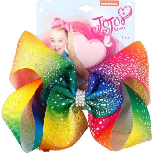8" jojo Bow Rhinestone Rainbow Printed Crystal Hair Clip Grosgrain Hairpin Cute Hair Accessories for Girls