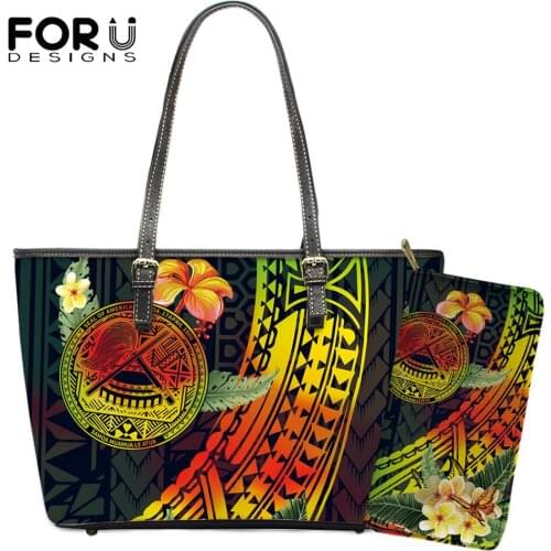 FORUDESIGNS New Arrival Women Large Pu Leather Shoulder Bag Sets Polynesian Samoa Plumeria Floral Printing Elegant Ladies Totes