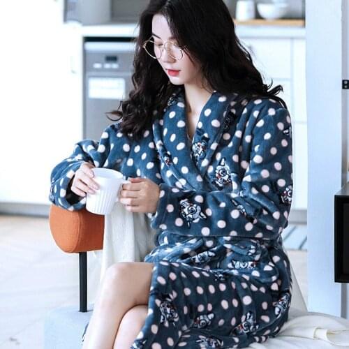 H5928 Fashion Robe Women Flannel Autumn Winter Coral Velvet Bathrobe Homewear Female Long Sleeve Plus Thick Warm Sweet Nightwear