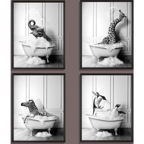 Animal Canvas Painting Posters Wall Art Prints Elephant Zebra Penguin Giraffe Bathtub Nordic Home Decor