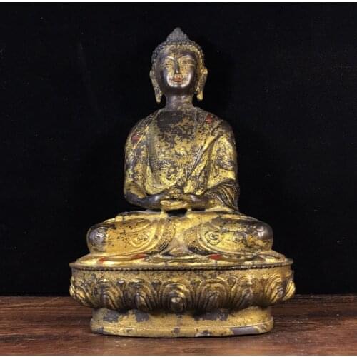 8"Chinese temple collection Old Bronze Cinnabar Lacquer Amitabha Shakyamuni Buddha Enshrine the Buddha Ornaments