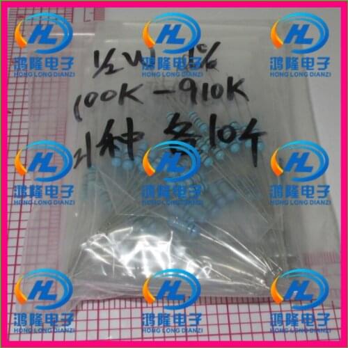 210PCS/lot 1/2W 21values each values 10pcs 100K~910K Metal Film Resistor Kit Resistor Pack 0.5W 1% samples psck Assorted Kit
