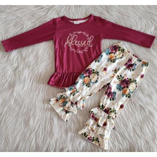 Lovely Baby Toddler Girl Children Clothing Long Sleeves Tops Flower Ruffles Pants Boutique Kids Clothing-Sets
