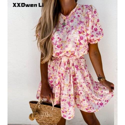 Fashion Floral Print Ruffles Belt Short Sleeve Mini Dress Summer Woman Casual Loose O-Neck Party Dress Vintage Women Dresses