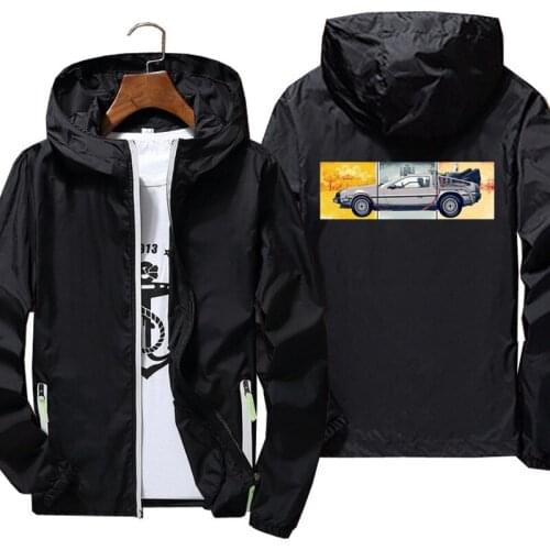 Mens Classic Movie Series Back To The Future Car Hooded Thin Reflective Sunscreen Skin Jackets Windbreaker Beach Coats Plus Size