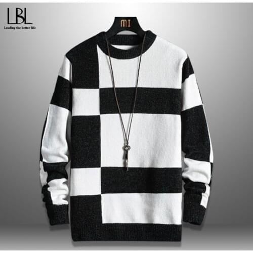Casual Mens Sweater O-Neck Striped Slim Fit Knittwear 2021 New Mens Sweaters Pullovers Pullover Men Patchwork Pull Homme 3XL