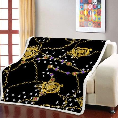 Golden Chain Sherpa Blanket European Pattern Throw Blanket Golden Flowers Fleece Blanket Vintage Baroque Travel Fluffy Blanket