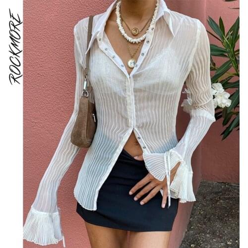 Rockmoer Streetwear Pleated Shirts Women Autumn Casual Long Sleeve Blouse Harajuku Female Button Up Top Cardigan Grunge Clothes
