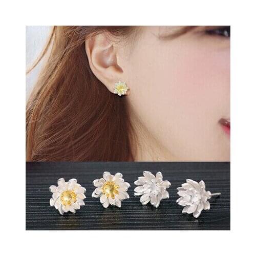 925 Sterling Silver Lotus Flower Zen Yoga Post Stud Earrings Women A1693