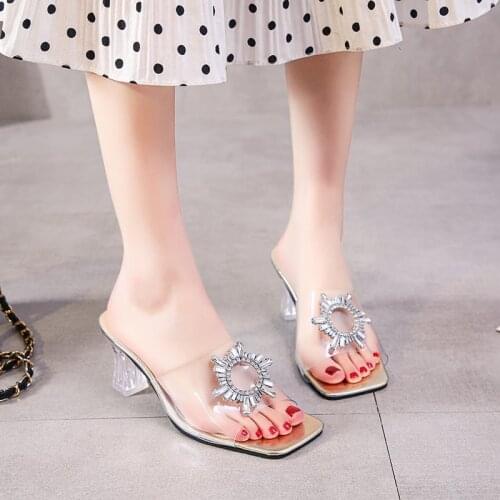 New Summer Slippers Women Shoes Woman Square High Heels Metal Buckle Clear Transparent Slippers Female Slides Ladies Shoes Mules