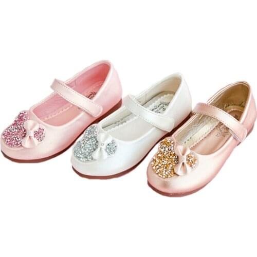 Girls Leather Shoes Rhinestone Princess Flats Spring and Autumn Children Crystal Soft Sole Single Shoes White Performance Shoes