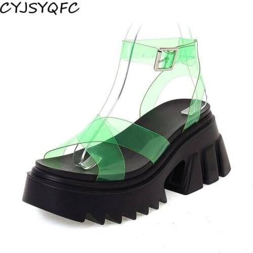 CYJSYQFC Summer Transparent PVC Candy Colors Women Sandals Sexy Ankle Strap Buckle Thick Bottom High Heel Lady Shoes Top Quality