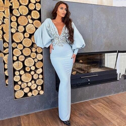 Middle East Mermaid Formal Evening Dresses Puff Sleeve V Neck Appliqued Prom Party Gowns Robe De Soiree 2021 Celebrity Dresses