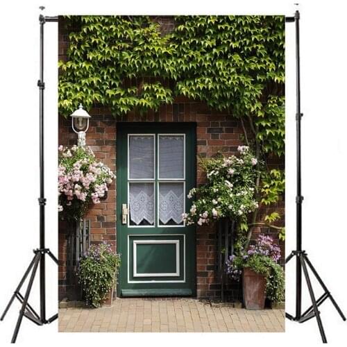 Vintage Green Door Red Brick Wall Photography Backdrops For Wedding Bridal Shower Photo Background Flower Shop Birthday Backdrop