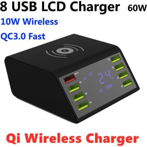8 Ports USB LCD Charger 60W QC 3.0 Quick Charge Qi Wireless Fast Charger with Voltage Current Display for Iphone Samsung Adapter