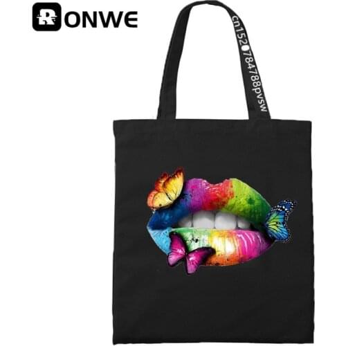 Rainbow Lip and Butterfly Black Print Women Shopping Canvas Bag Female Tote Eco 90s Style Shopper Shoulder Girl Bags,Drop Ship