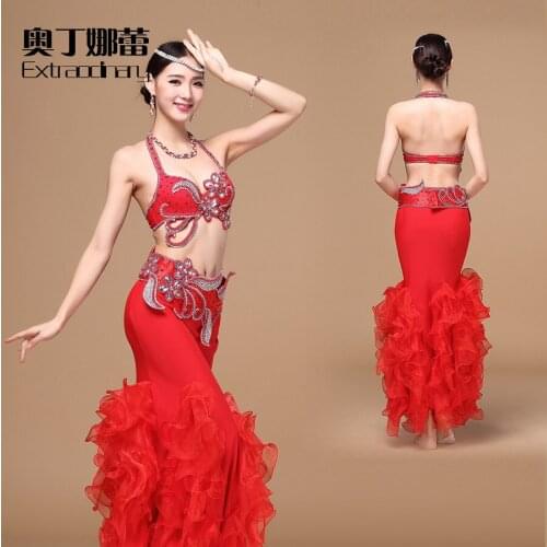 Performance Women Dancewear Professional 3pcs Outfit Bra+Belt +Skirt Oriental Beads Costume Belly Dance WJ01092 + Q01100 S/M/L