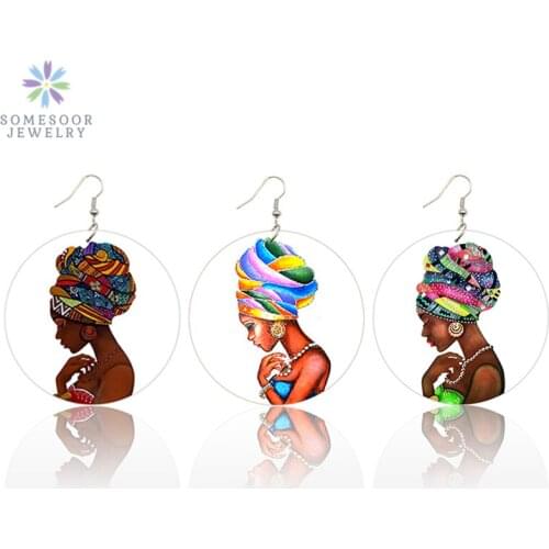 SOMESOOR Printed Hedawrap Woman Afro Wooden Ethnic Earrings Vintage Black Queen Hair Painting 6cm Flat Round Wood Jewelry Gifts