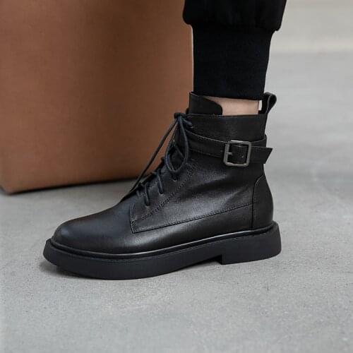 QZYERAI Motorcycle Boots Ankle Women Genuine Leather Side Zip Round Toe Fashion Female Shoes Handmade