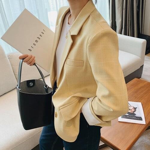 Womens Plaid Casual Blazers Suit Spring Office Long Sleeve Double Breasted Female Korean Jacket Coat Checkered Top Chic Vintage