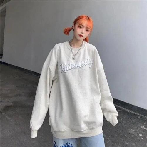 Letter Printed Round Neck Sweater for Women 2021 New Korean Loose BF Medium Long Solid Color Student Long Sleeve Top for Women