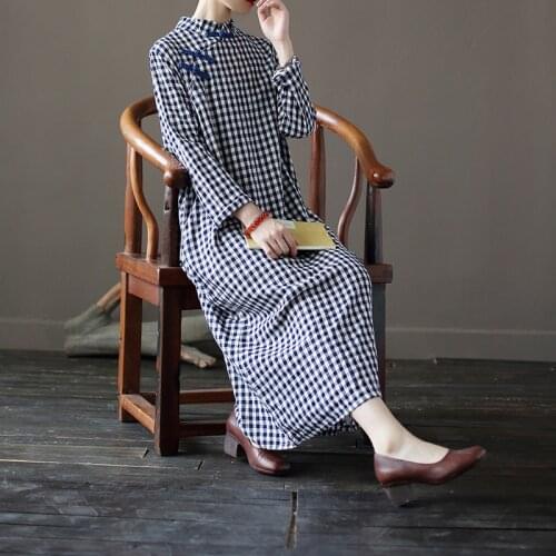 Women Cotton Linen Plaid Dress Ladies Loose Stand Collar Retro Qipao Dress Female 2021 Vintage Dresses
