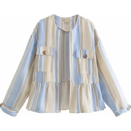 Za Women Autumn Blends Color Stripe Printing Coats Casual Long Sleeve O Neck Buttonless Outwear Loose Overcoats Xitimeao