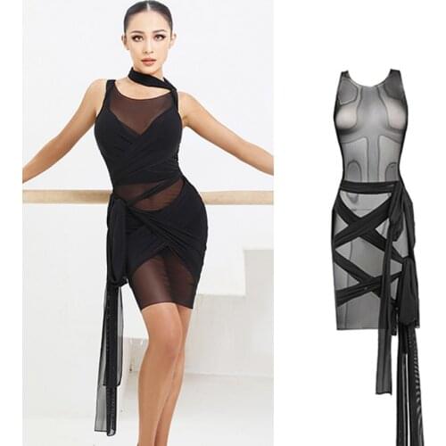 Sexy Latin Dance Dress Women Summer Mesh Bandage Dress Cha-Cha Tango Ballroom Dancing Clothes Prom Performance Costume DNV14852