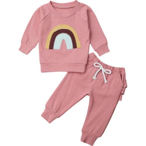 Pudcoco US Stock 0-3 Years 2PCS Kid Baby Girl Clothes Set Print Rainbow Long Sleeve Cotton Soft Tops+Ruffle Pants Outfit Set