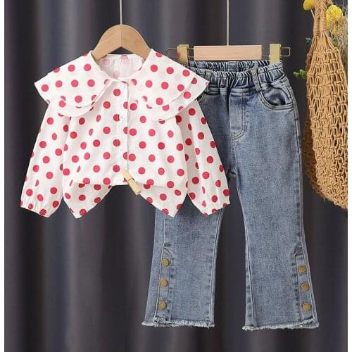 2021 Summer Baby Girls Outfit Girls Fashion Clothing Set 2 Pieces Kids Suit Long Sleeve Dots Shirt +jeans Clothes Girl Suit Q21